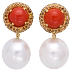 18K Donna Vock Red Coral, South Sea Pearl Clip-On Earrings with Cognac Diamonds