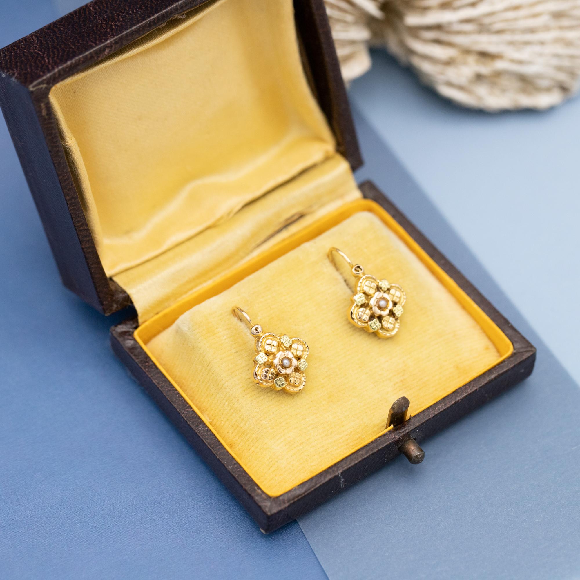 18K Doreuses – antike französische baumelnde Perlenohrringe – viktorianische Schlafendecken 3