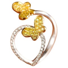 18K Double Butterfly Ring with Yellow and White Natural Diamonds