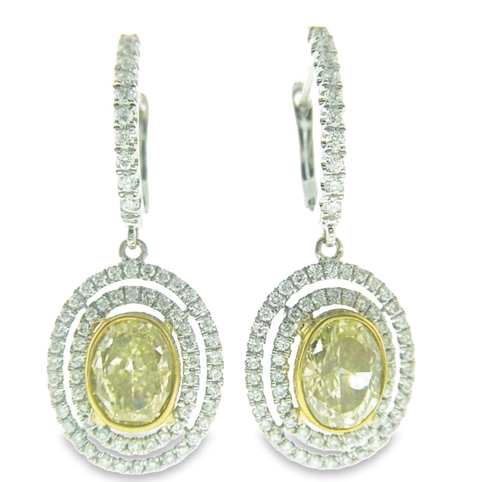 Fancy Yellow Oval Diamonds Double Halo Dangling Earrings In New Condition For Sale In Los Angeles, CA