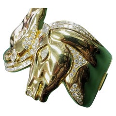 Vintage 18K Double Head Equestrian Horse cuff diamond bracelet 2" wide