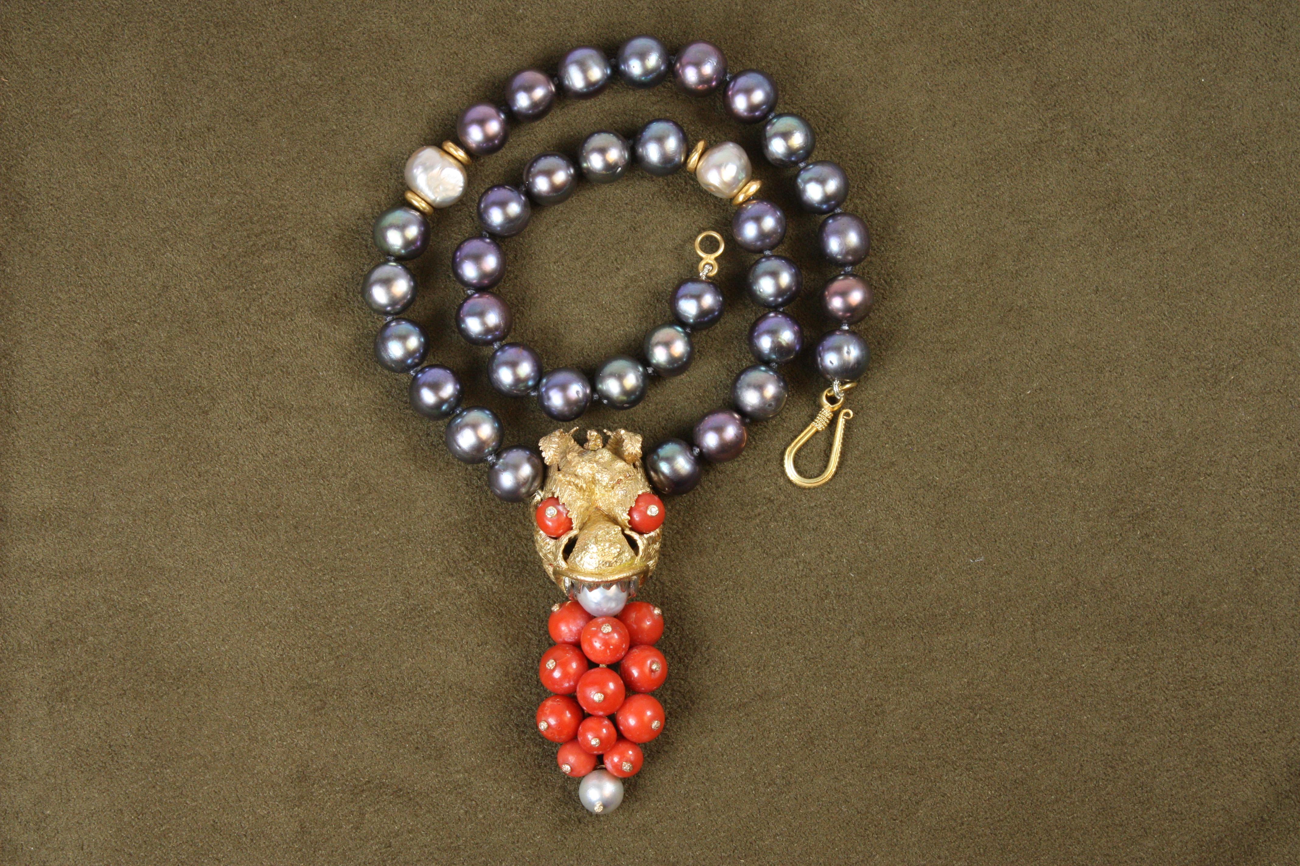 Bead 18K Dragon Head Cocktail Necklace – Coral, Diamond, Chinese Cultured Pearls For Sale