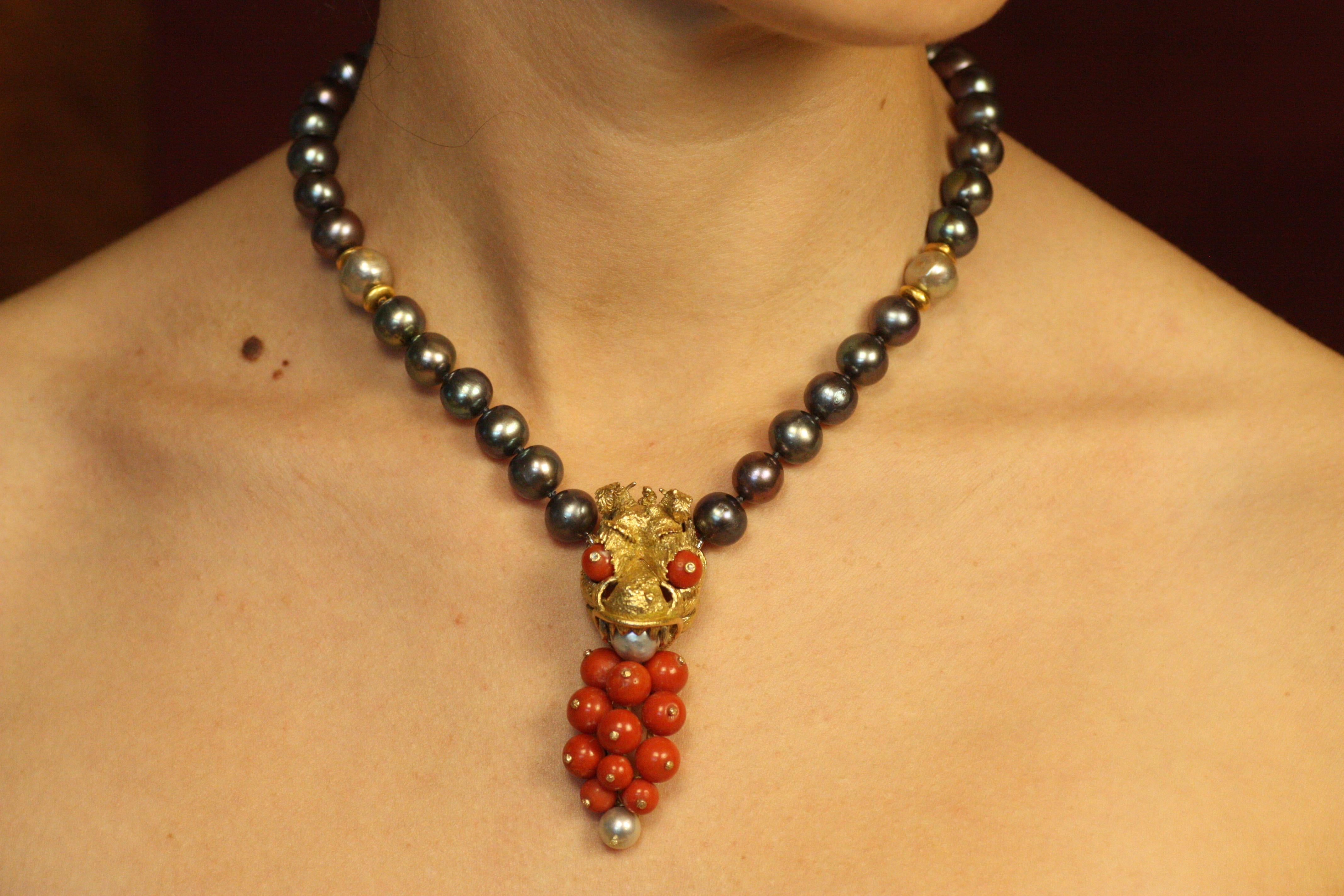 Inspired by Asian mysticism, this 16-inch Dragon Head Necklace combines bold symbolism with modern craftsmanship. The centerpiece of this one-of-a-kind cocktail necklace is a salvaged estate vintage gold dragon brooch, circa 1960s. The dragon’s