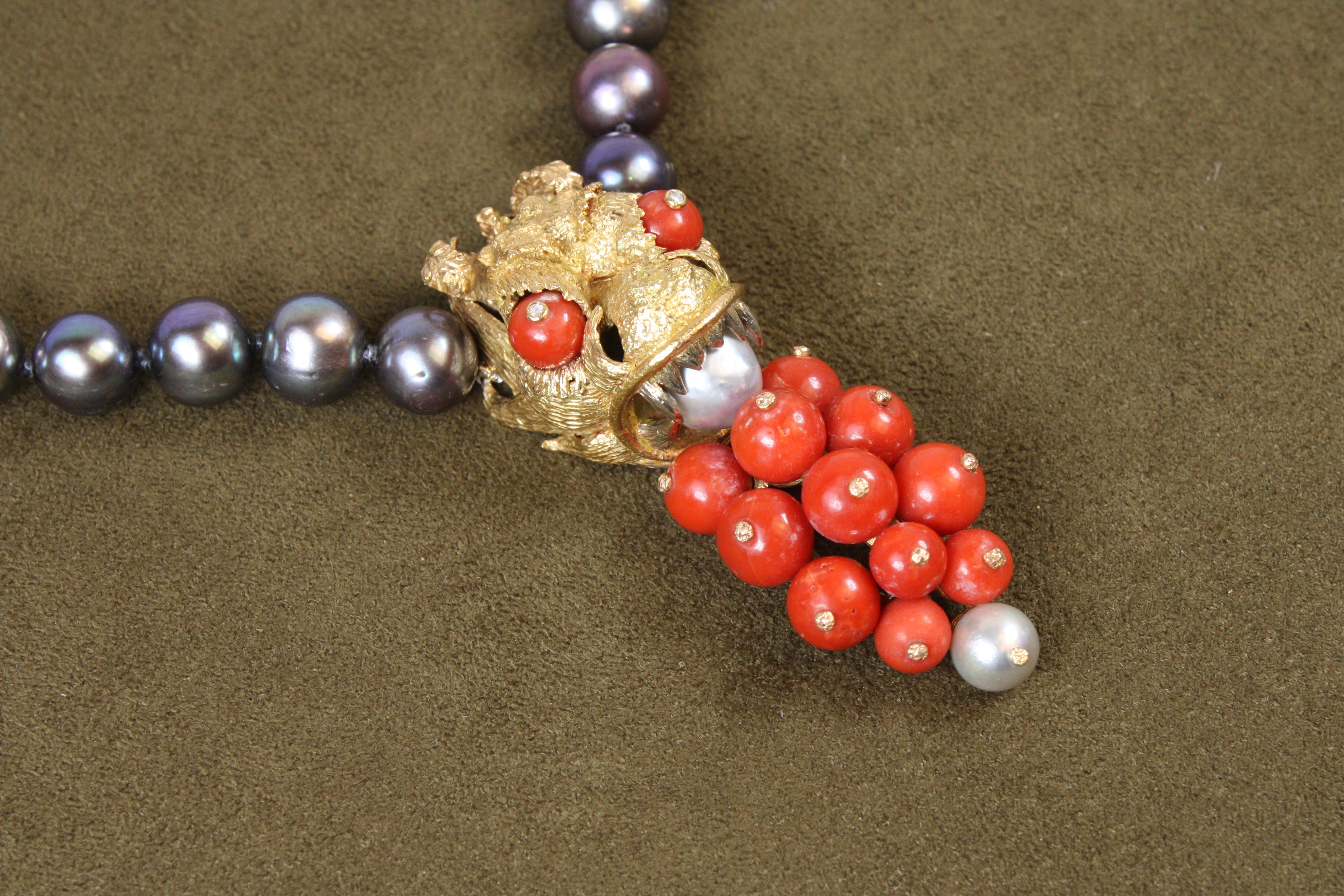 18K Dragon Head Cocktail Necklace – Coral, Diamond, Chinese Cultured Pearls In New Condition For Sale In Santa Monica, CA