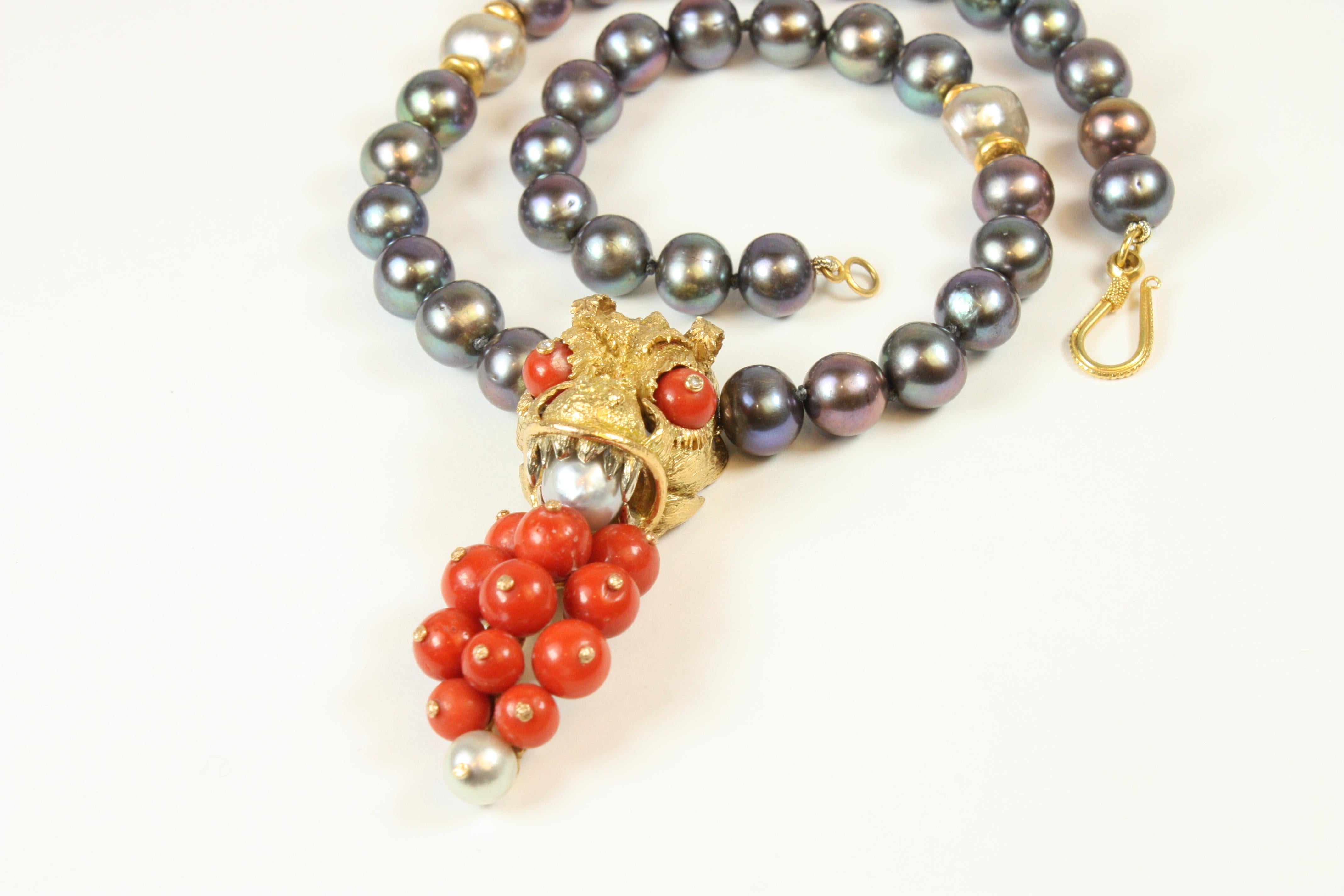 18K Dragon Head Cocktail Necklace – Coral, Diamond, Chinese Cultured Pearls For Sale 1
