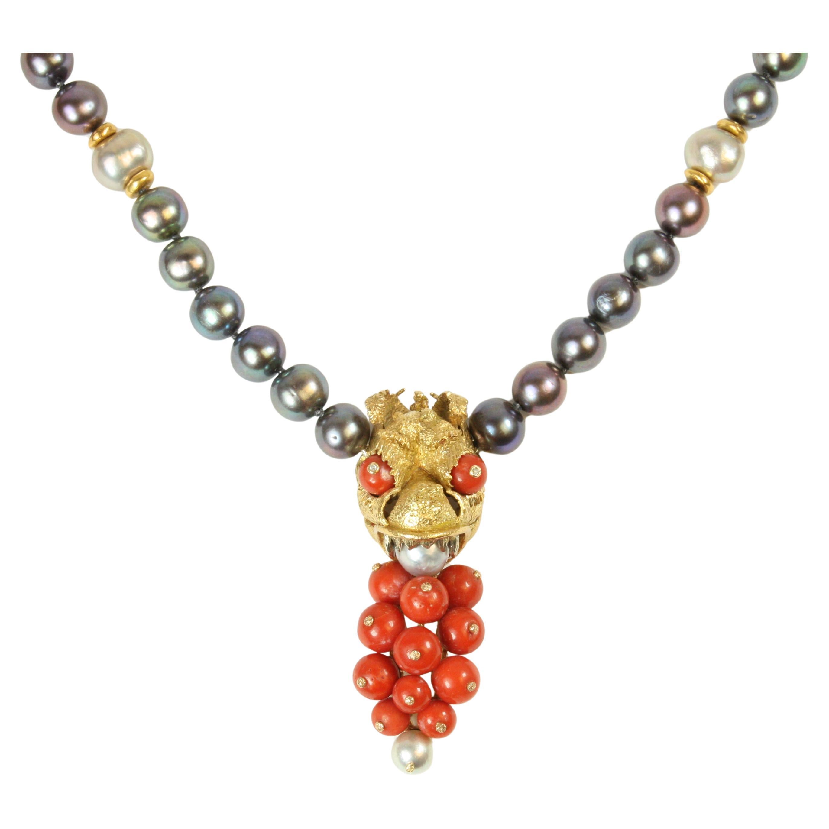 18K Dragon Head Cocktail Necklace – Coral, Diamond, Chinese Cultured Pearls For Sale