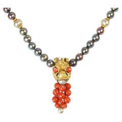 18K Dragon Head Cocktail Necklace – Coral, Diamond, Chinese Cultured Pearls