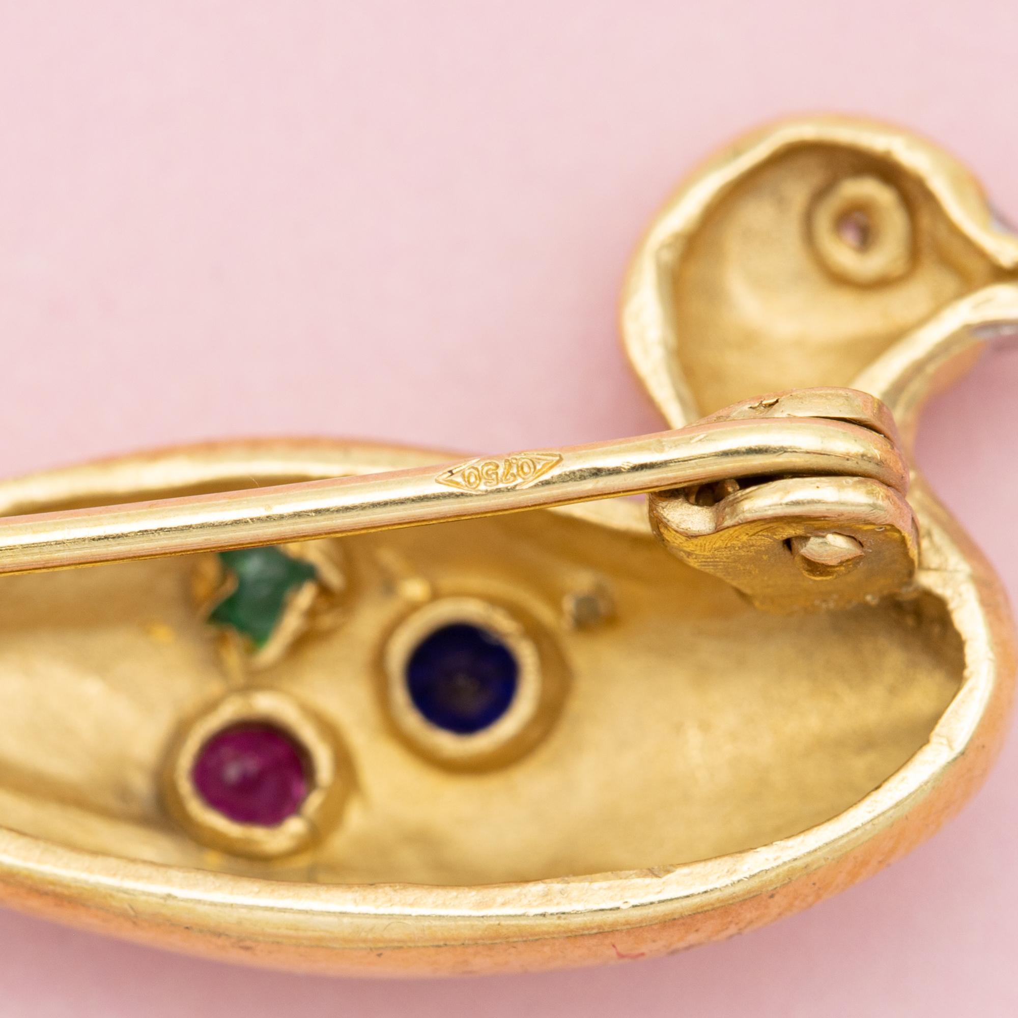 18k duck Brooch - solid yellow gold animal pin - diamond ruby sapphire emerald For Sale 2