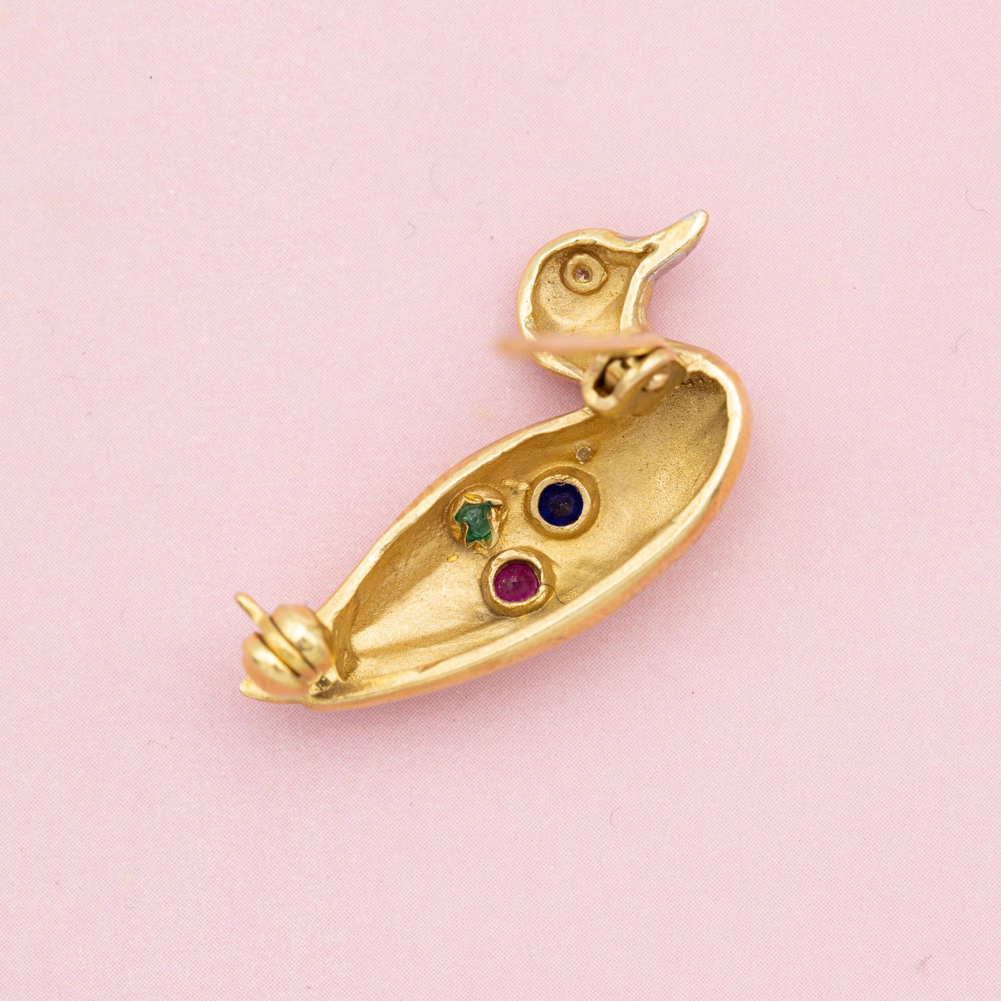 18k duck Brooch - solid yellow gold animal pin - diamond ruby sapphire emerald For Sale 3