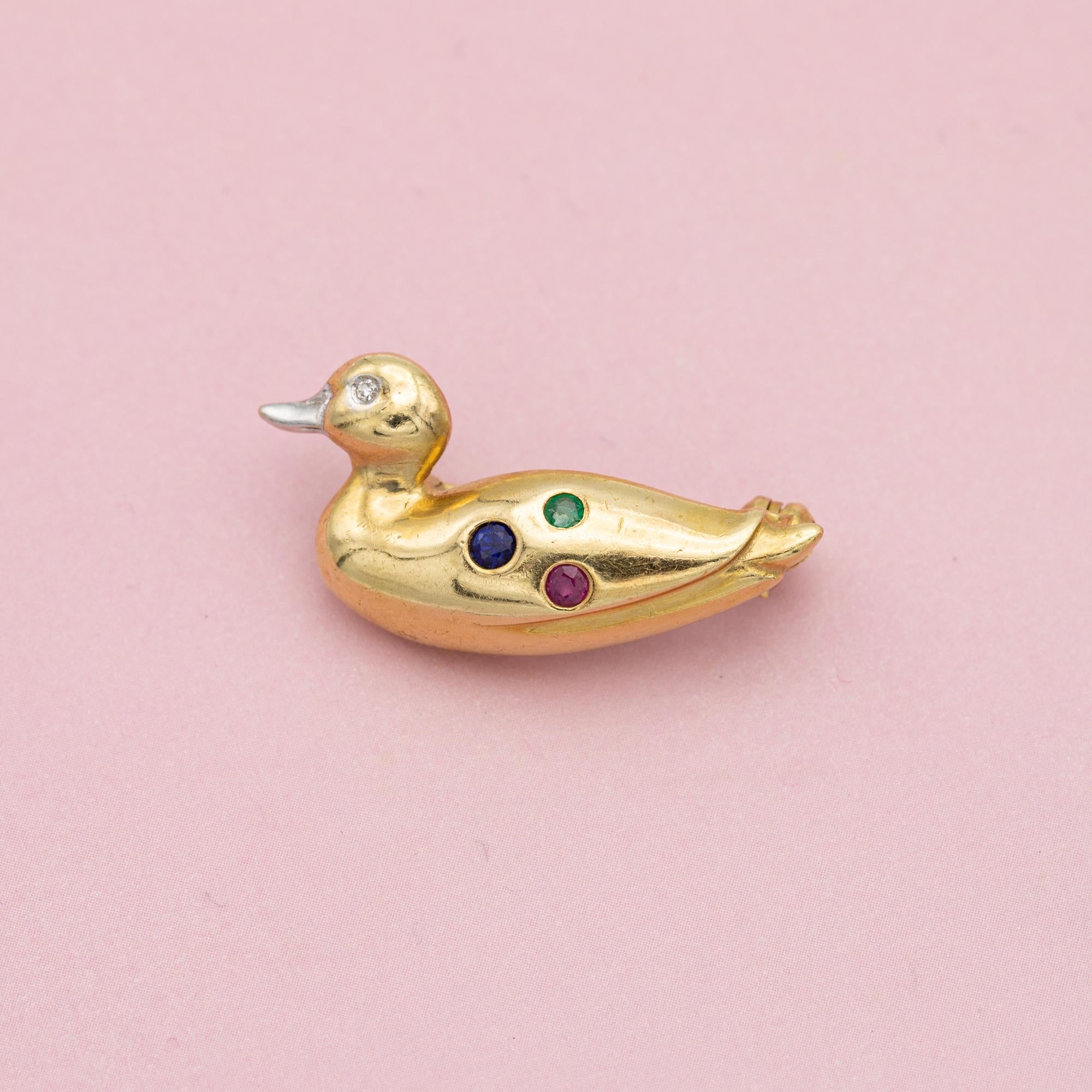 Women's or Men's 18k duck Brooch - solid yellow gold animal pin - diamond ruby sapphire emerald For Sale