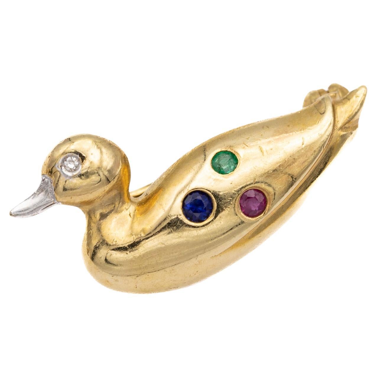 18k duck Brooch - solid yellow gold animal pin - diamond ruby sapphire emerald For Sale