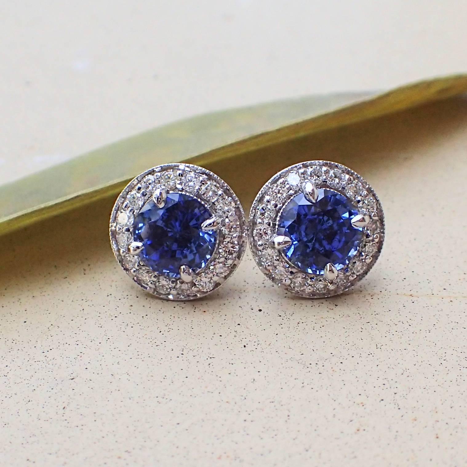 Round Cut 18k Earrings: 2.21 carats Chatham-Created Blue Sapphire & 0.39 carats of Diamond
