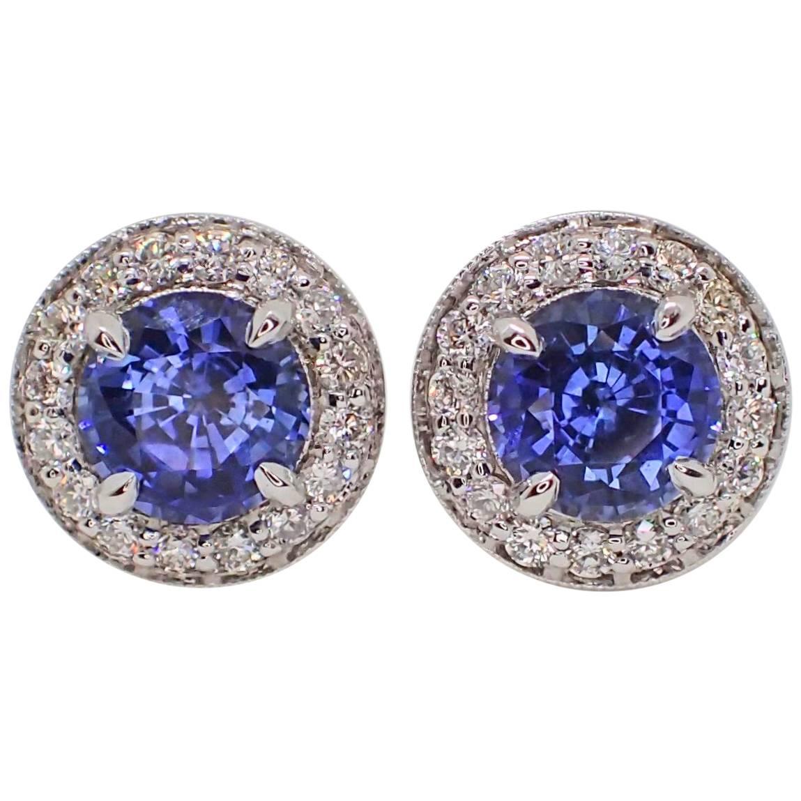 18k Earrings: 2.21 carats Chatham-Created Blue Sapphire & 0.39 carats of Diamond