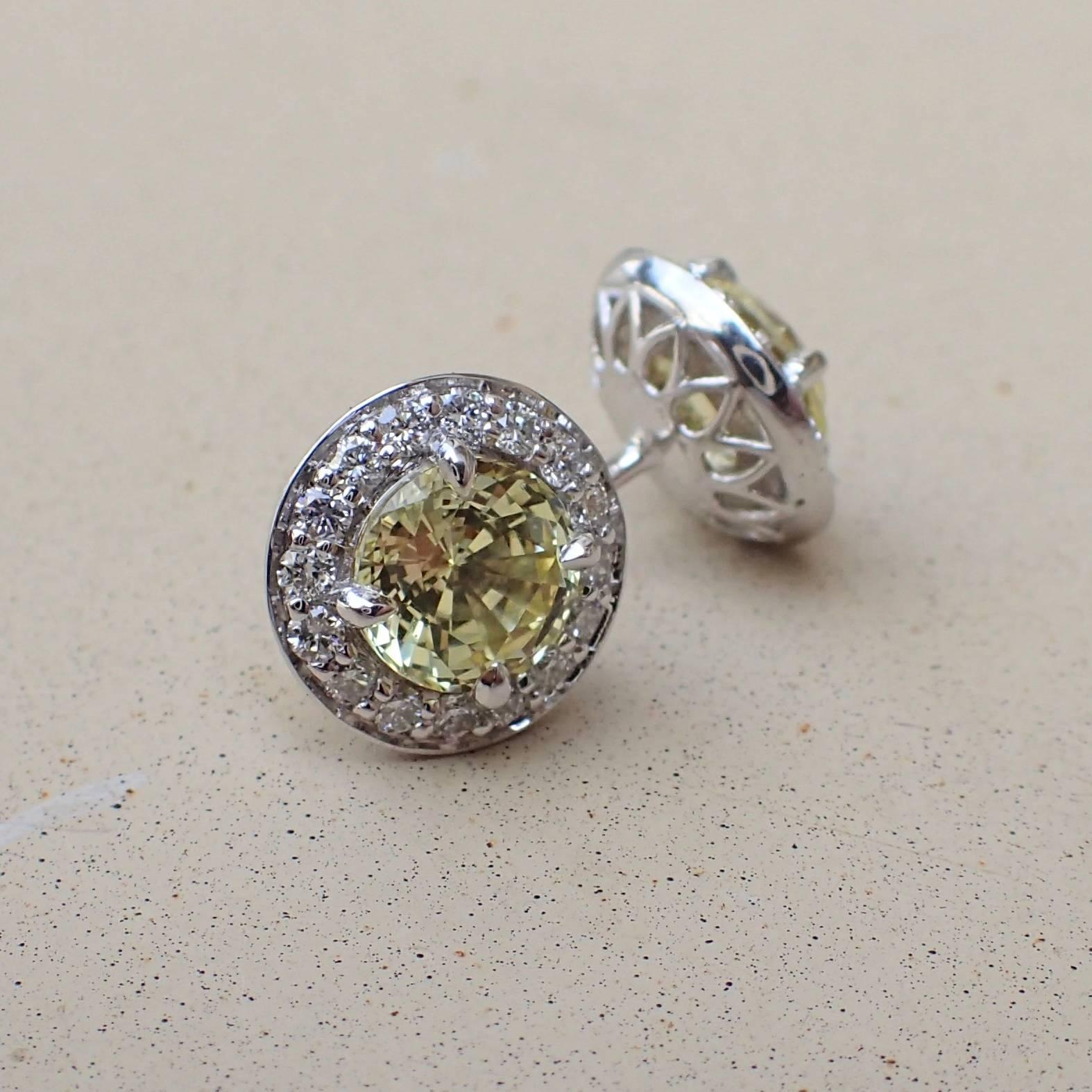 Contemporary 18K Earrings: 2.28 carats Chatham-Created Yellow Sapphire & 0.38 carats Diamond