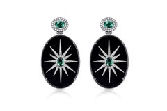 pendientes 18K Ágata Negra Placa Pavé Diamante Estrella y Oval Turmalina Verde Gota