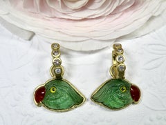 18k earrings, carved green tourmaline parrot heads w diamond Huggies