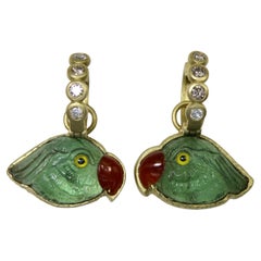 18k earrings, carved green tourmaline parrot heads w diamond Huggies