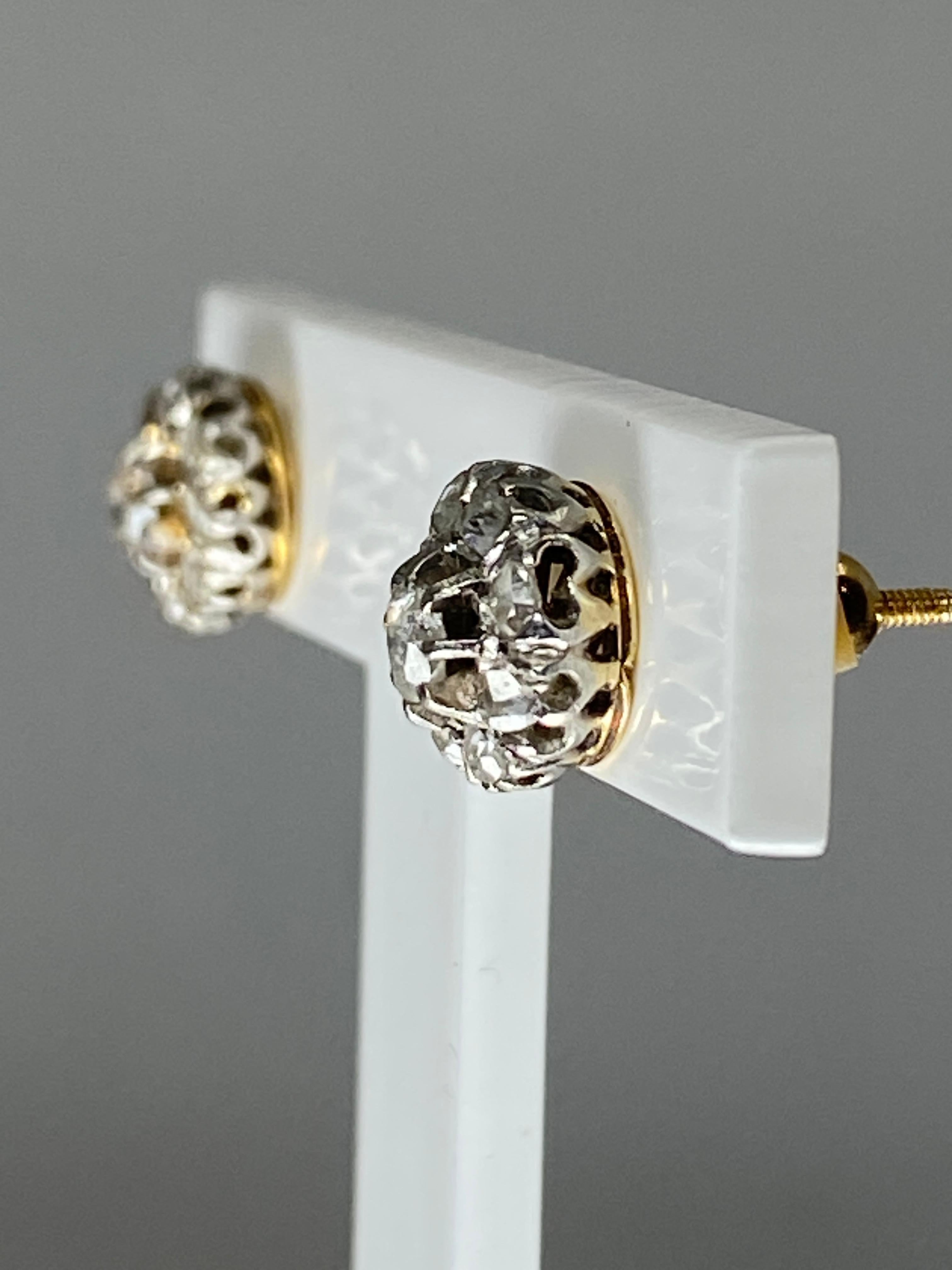 18k Earrings, Flower Model Set with Diamonds, 1900 Era 6