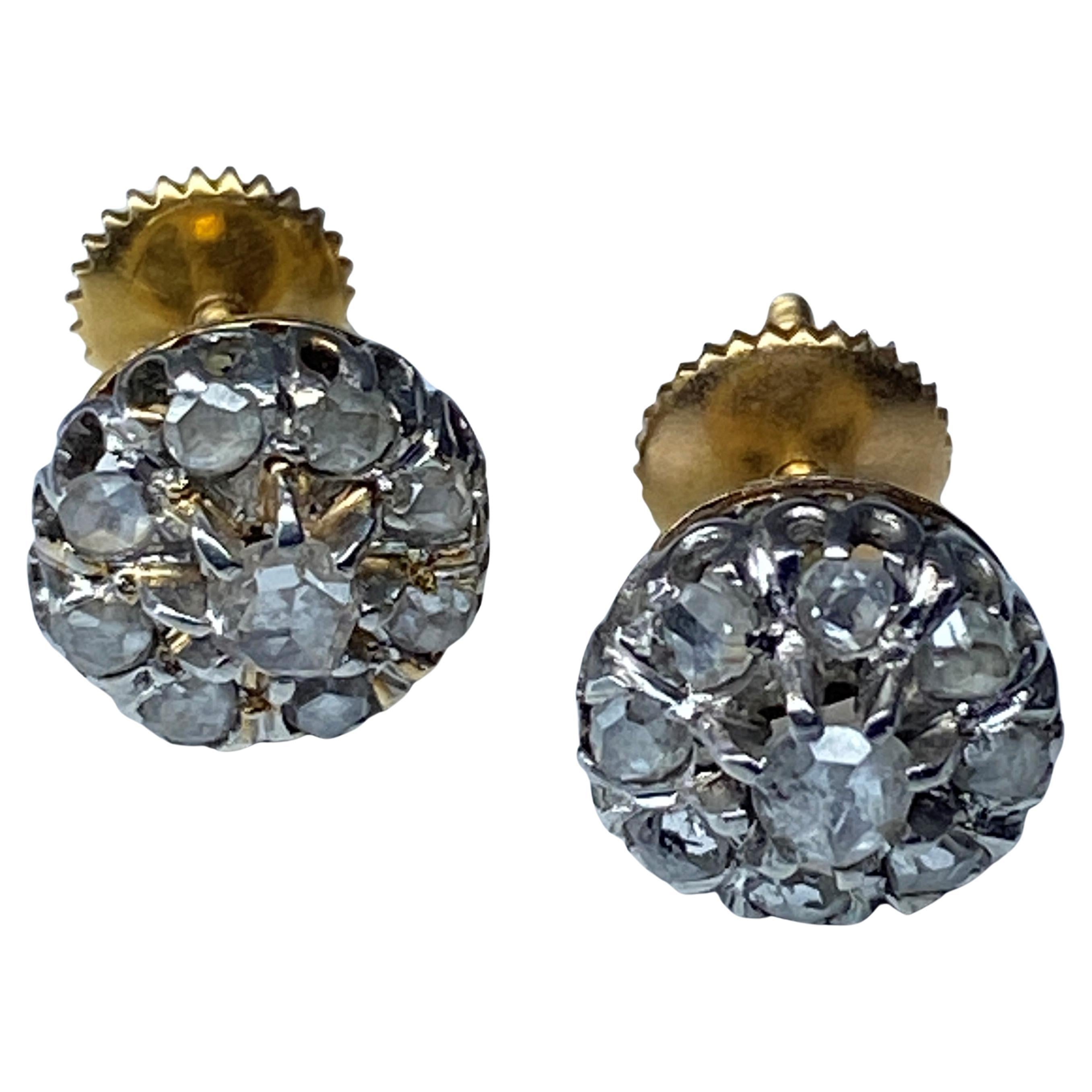 18k Earrings, Flower Model Set with Diamonds, 1900 Era