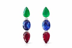 18K Earrings Pear-Shaped Rubellite, Oval Tanzanite, Pear-Shaped Emerald, Diamond