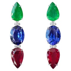 18K Earrings Pear-Shaped Rubellite, Oval Tanzanite, Pear-Shaped Emerald, Diamond