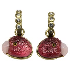 18k earrings, Pink Tourmaline hand carved parrotheads, Diamond Huggies