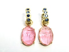 18k Pink Tourmaline scarabs earrings with reversible sapphire Huggies
