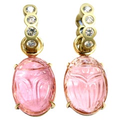 18k Pink Tourmaline scarabs earrings with reversible sapphire Huggies