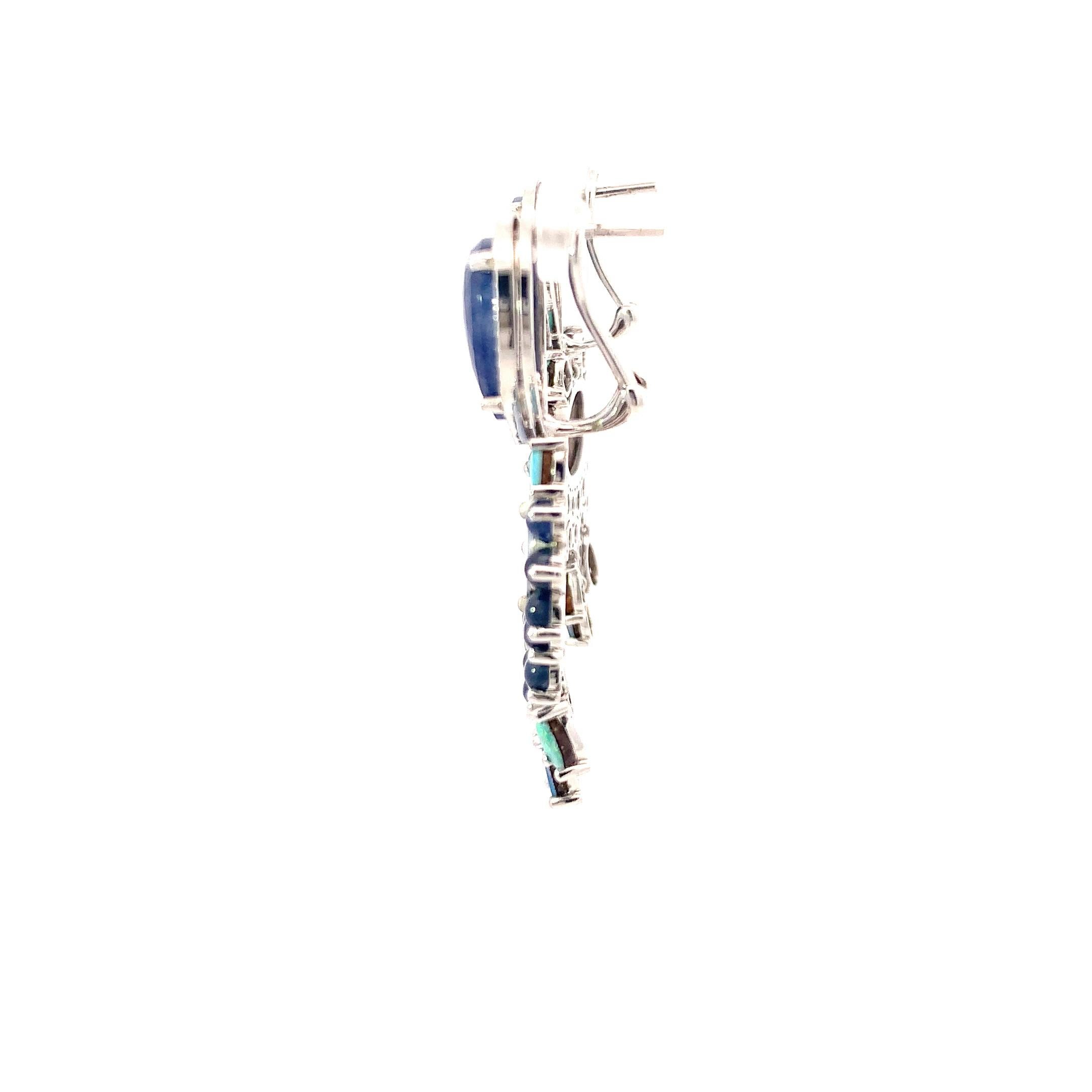 Oval Cut 18K Earrings White Diamonds, Opals and Blue Sapphires