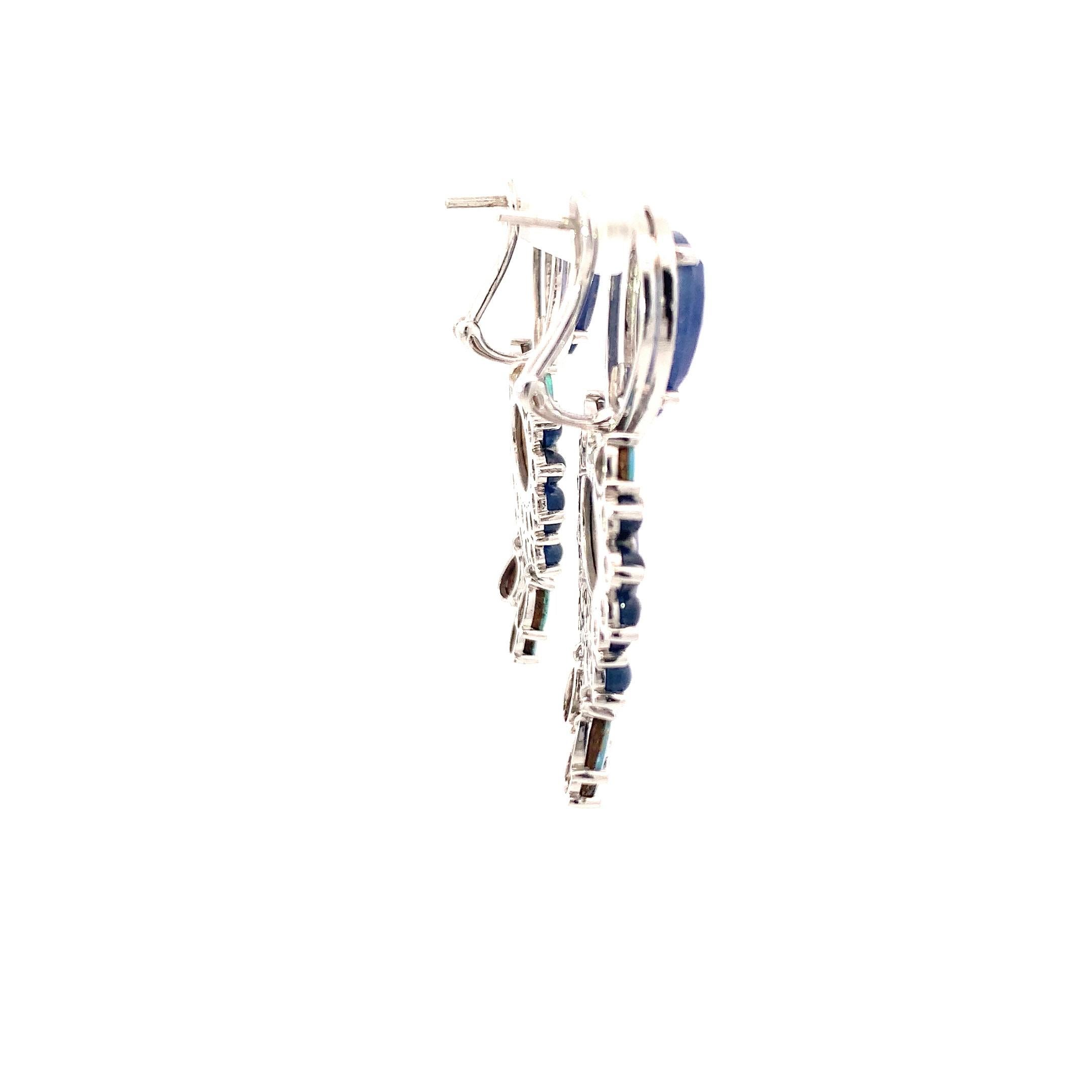Women's 18K Earrings White Diamonds, Opals and Blue Sapphires
