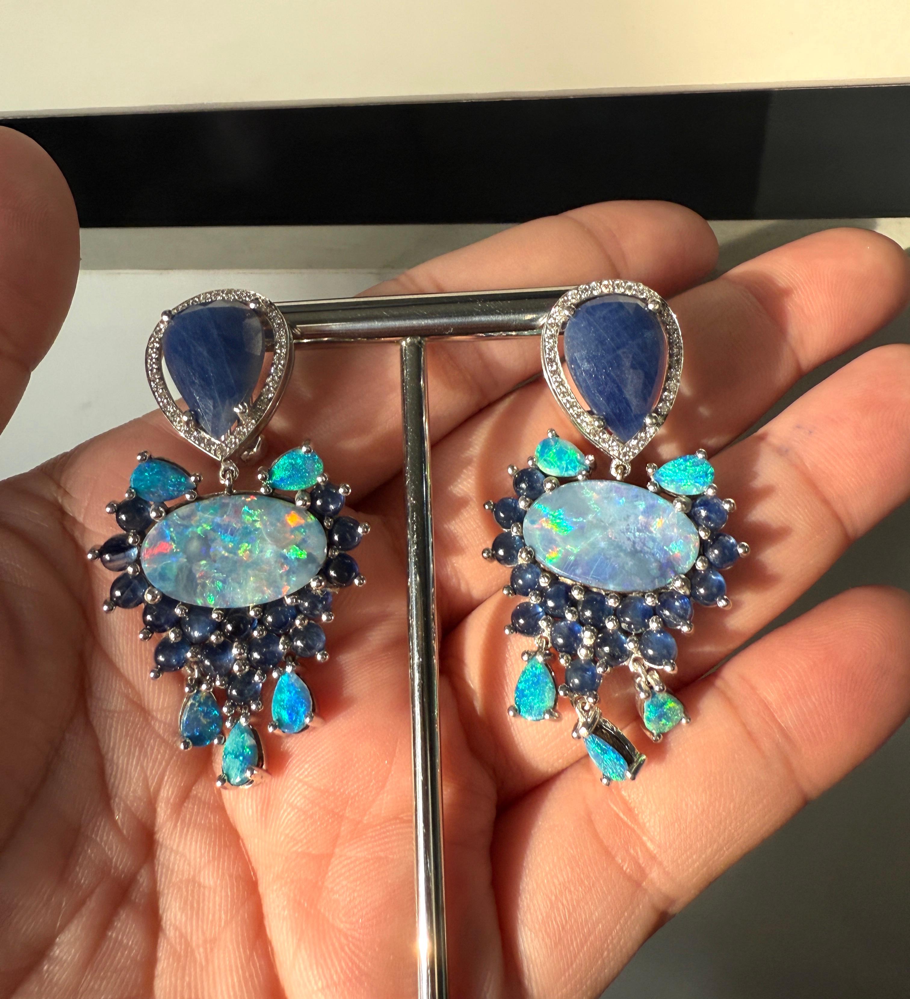 18K Earrings White Diamonds, Opals and Blue Sapphires 1
