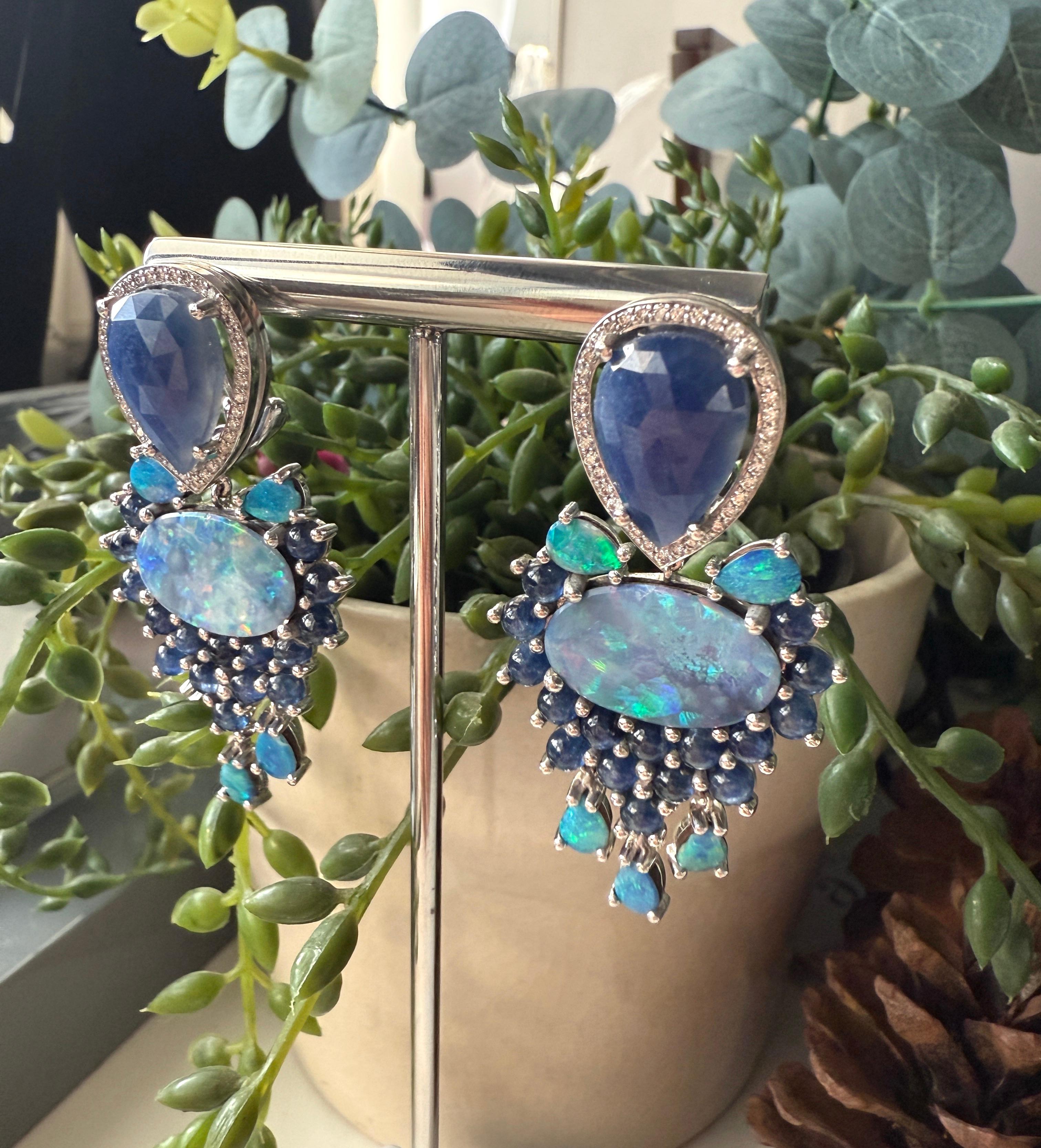 18K Earrings White Diamonds, Opals and Blue Sapphires 2