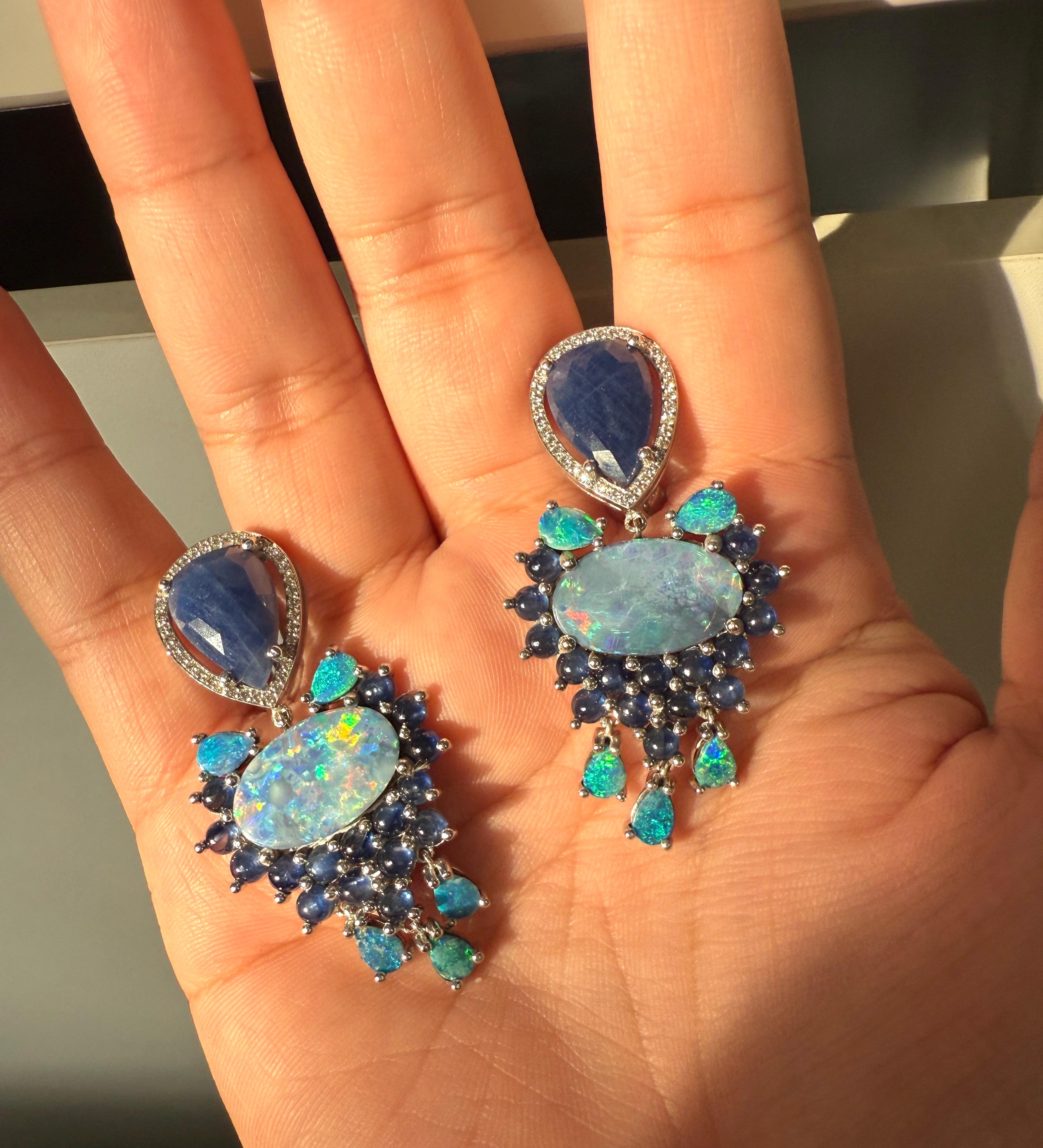 18K Earrings White Diamonds, Opals and Blue Sapphires 3