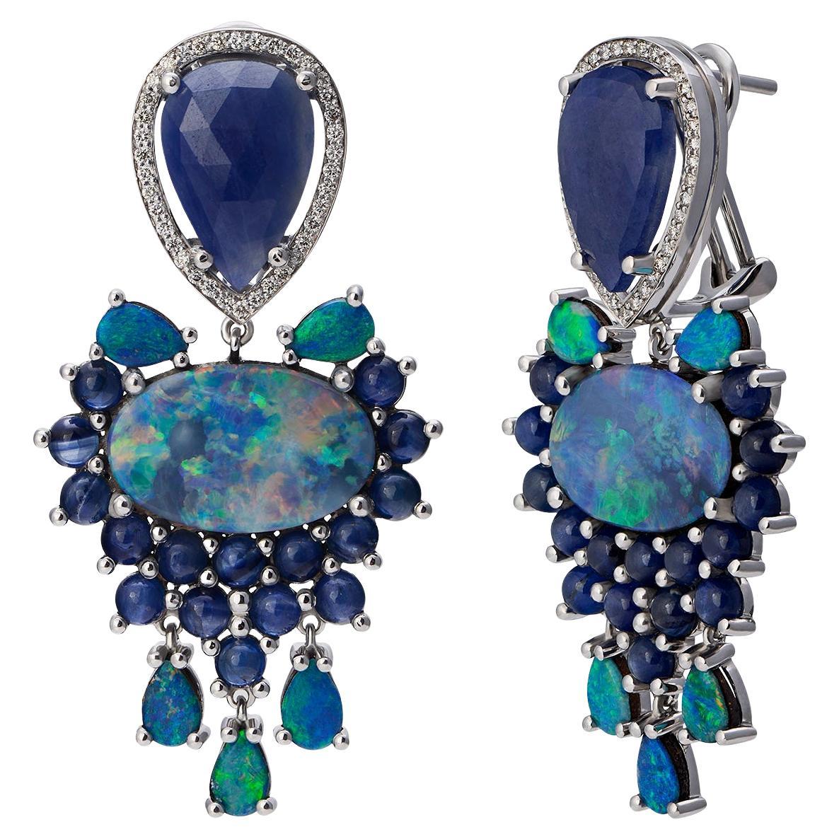 18K Earrings White Diamonds, Opals and Blue Sapphires