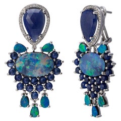 18K Earrings White Diamonds, Opals and Blue Sapphires