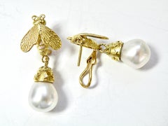 18k earrings white south sea pearls with custom Bee and bead cap