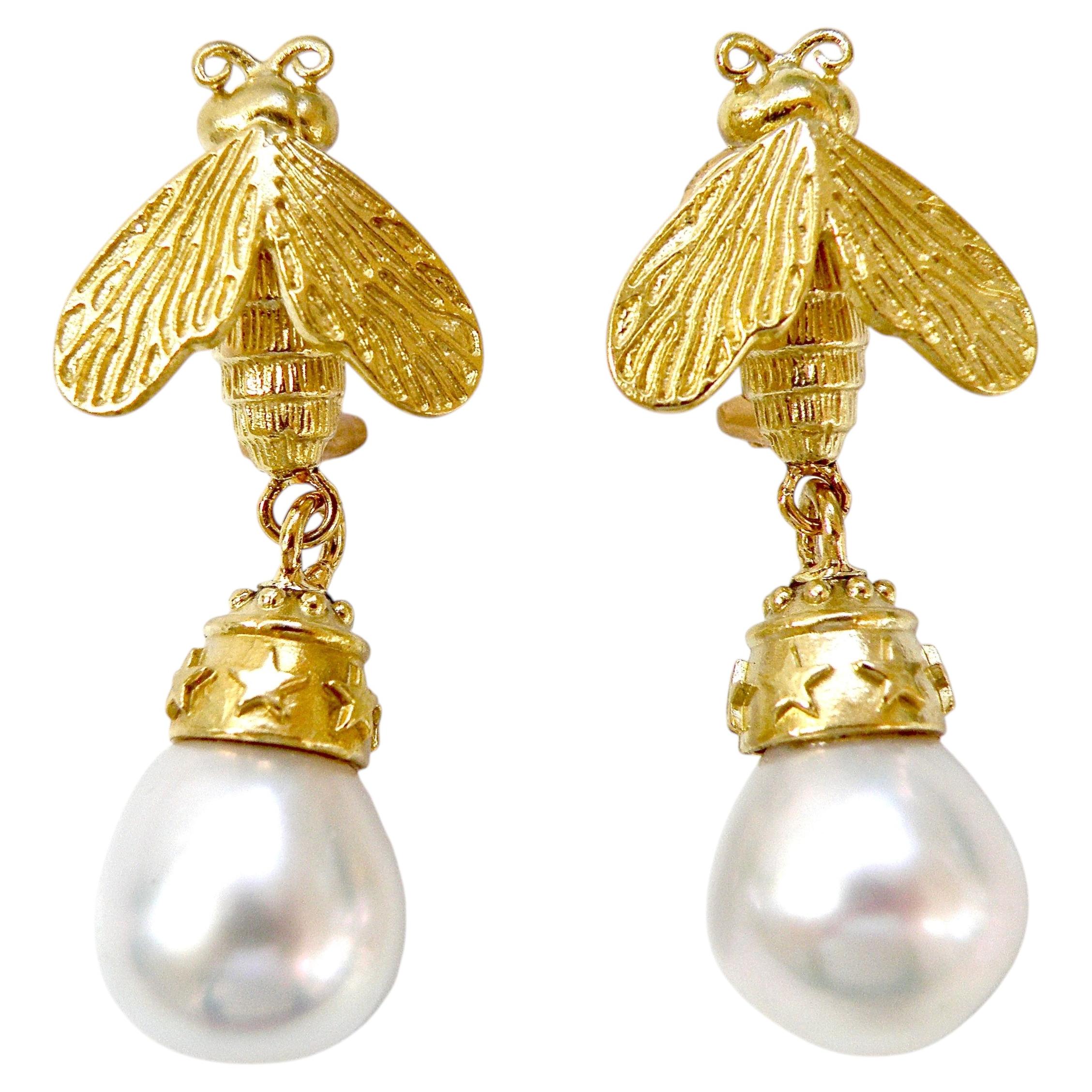 18k earrings white south sea pearls with custom Bee and bead cap For Sale