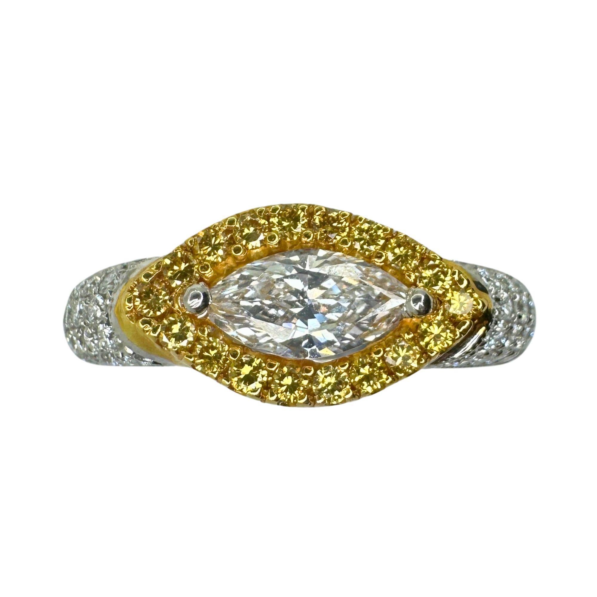 Marquise Cut 18k East-West Marquise Shaped Diamond Center and Yellow Diamond Halo Ring For Sale