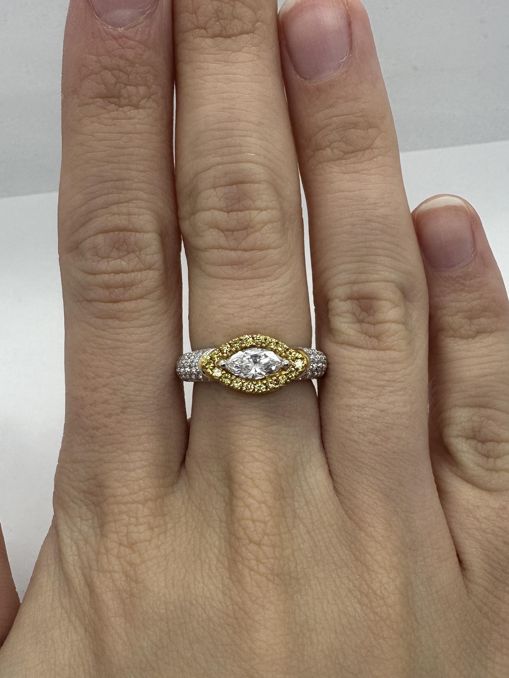 18k East-West Marquise Shaped Diamond Center and Yellow Diamond Halo Ring For Sale 2