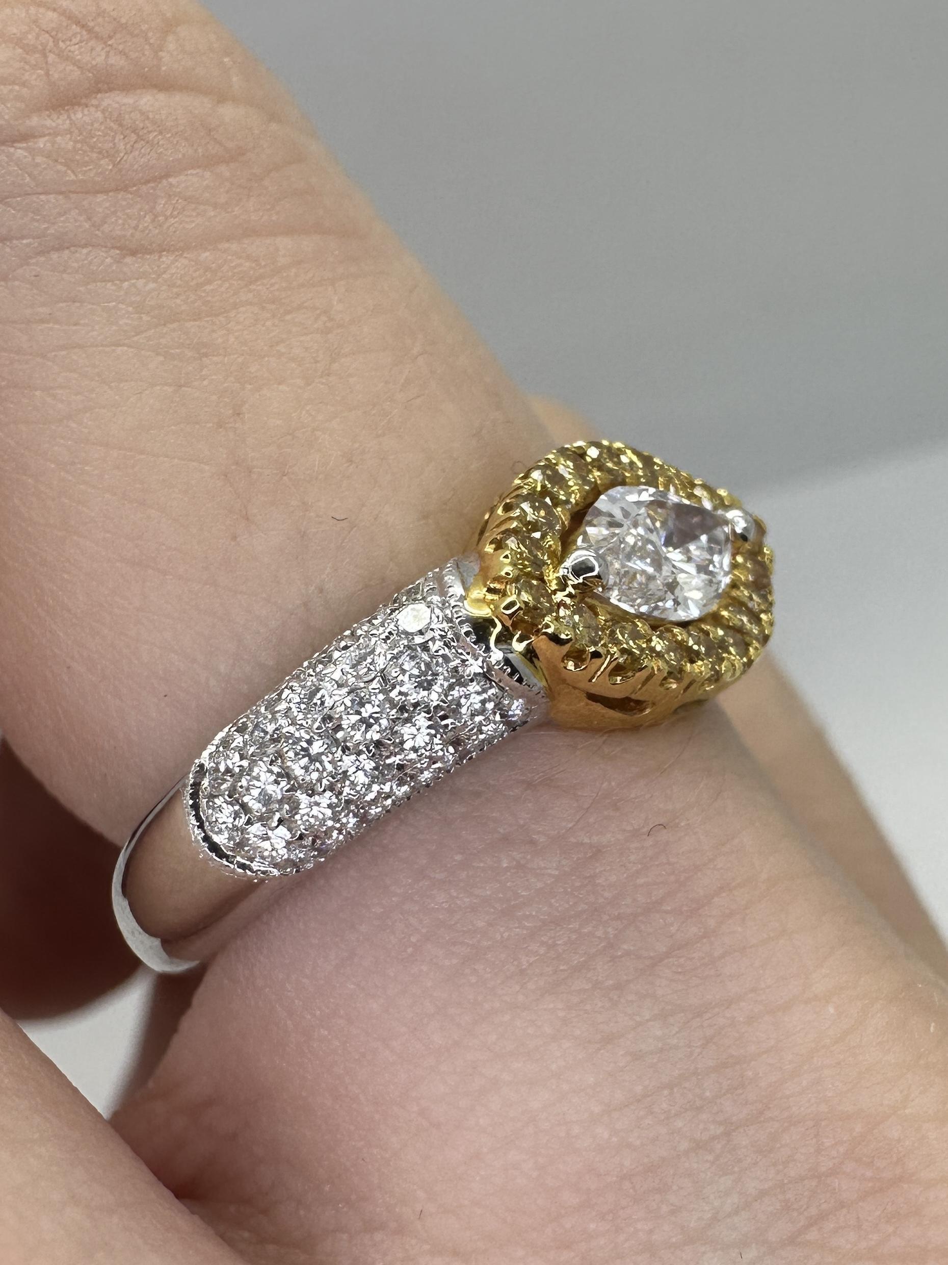 18k East-West Marquise Shaped Diamond Center and Yellow Diamond Halo Ring For Sale 3