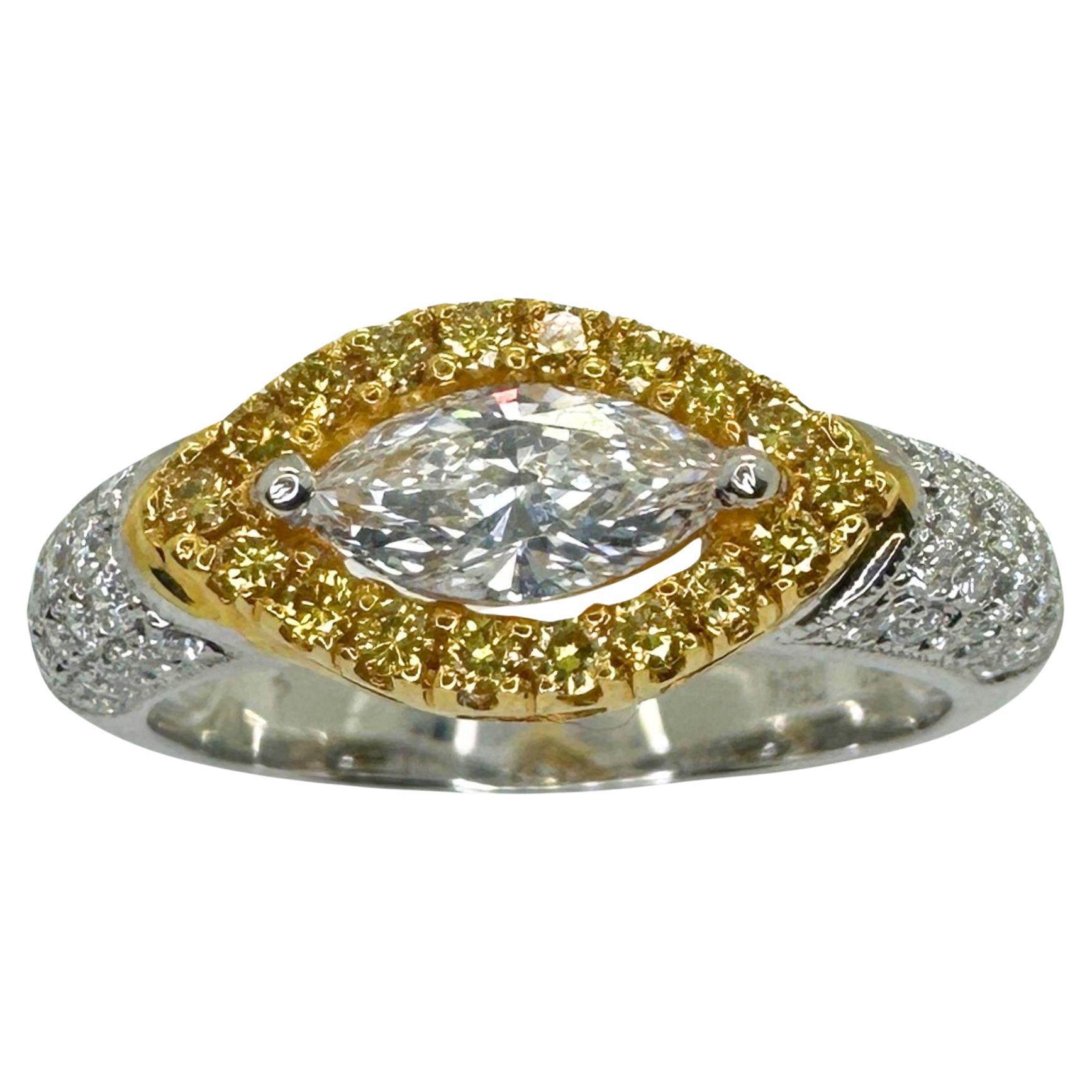 18k East-West Marquise Shaped Diamond Center and Yellow Diamond Halo Ring For Sale