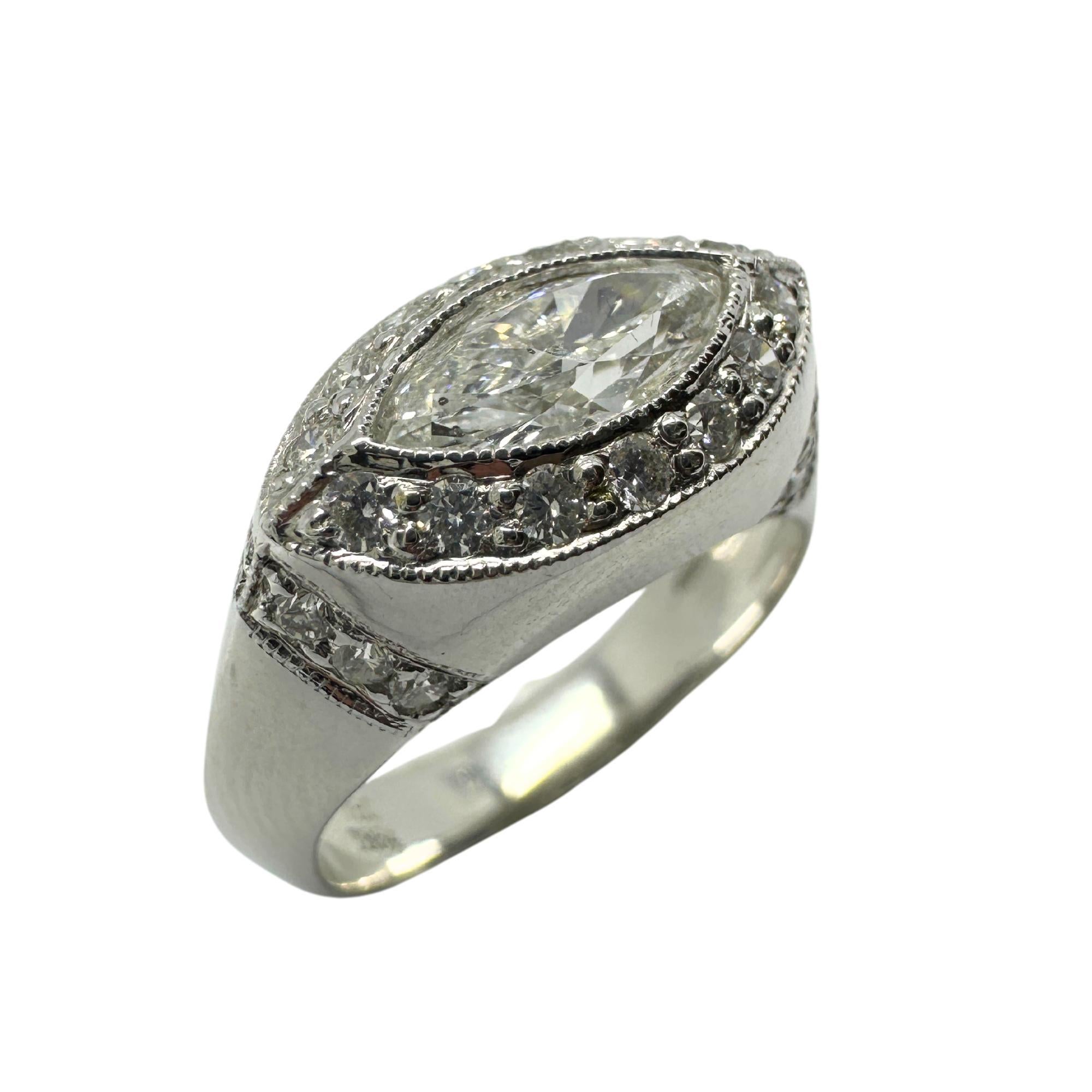 Marquise Cut 18k East-West Marquise Shaped Diamond Center Ring with Diamond Halo Ring For Sale
