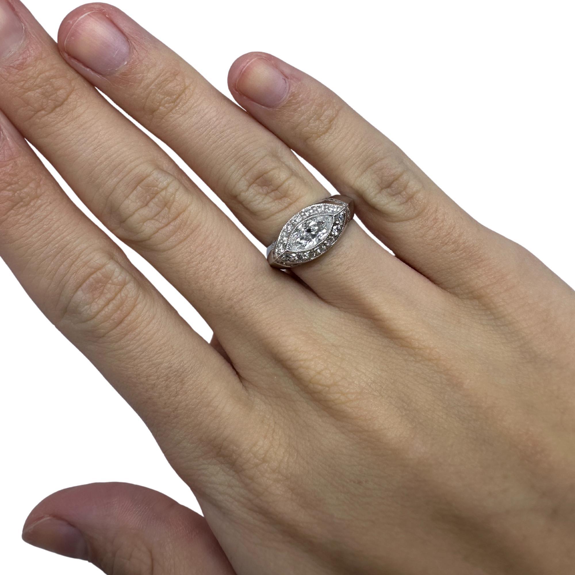18k East-West Marquise Shaped Diamond Center Ring with Diamond Halo Ring For Sale 1