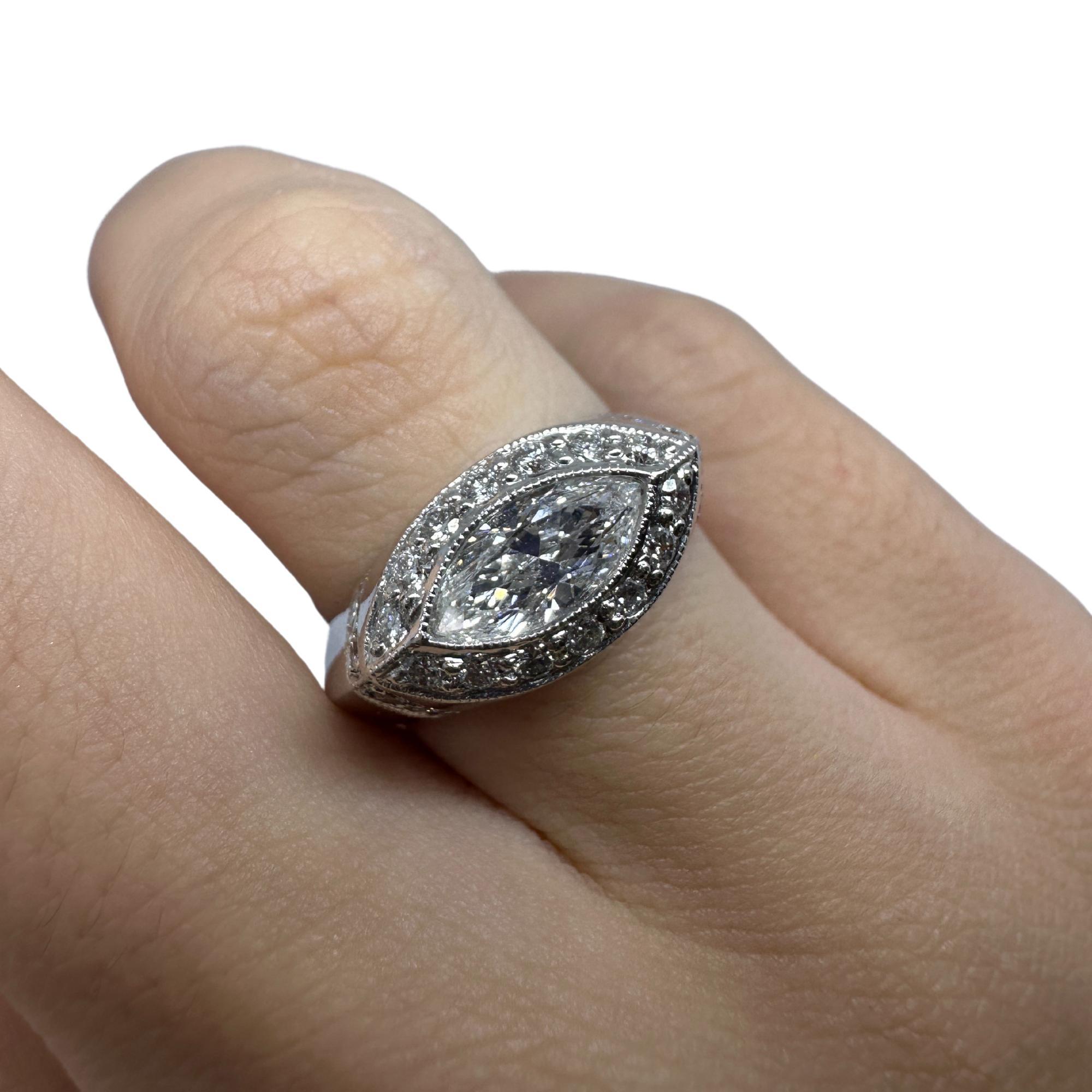 18k East-West Marquise Shaped Diamond Center Ring with Diamond Halo Ring For Sale 2