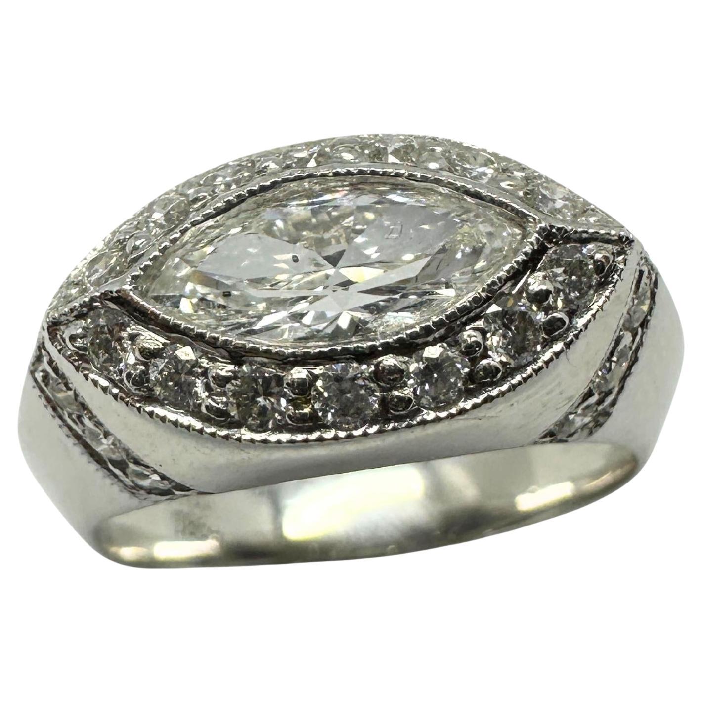 18k East-West Marquise Shaped Diamond Center Ring with Diamond Halo Ring