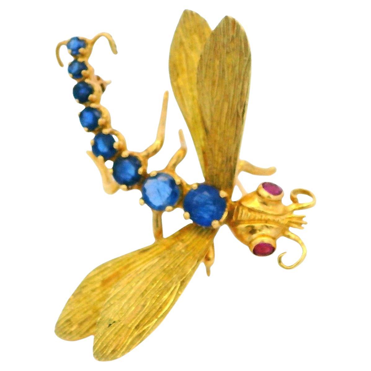 18K Eight-Sapphire Body Ruby Eyes Dragonfly Brooch