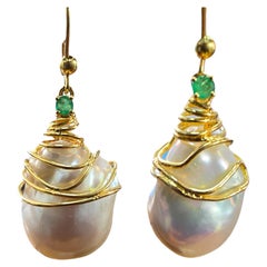 18K Emerald and Baroque Pearl Dangle Earrings