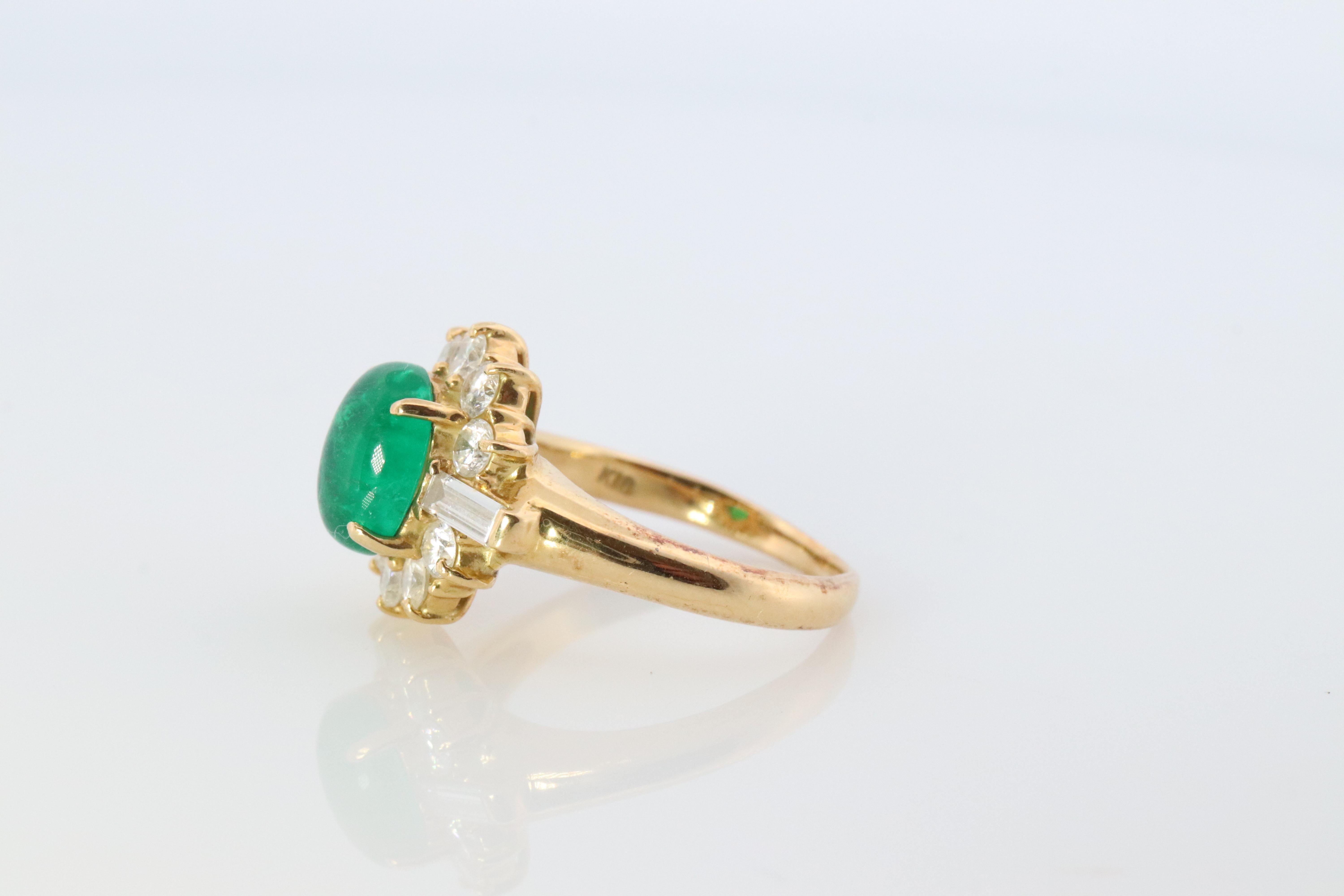 18k Emerald and Diamond Halo yellow gold ring. Natural Emerald Cabochon ring. For Sale 1