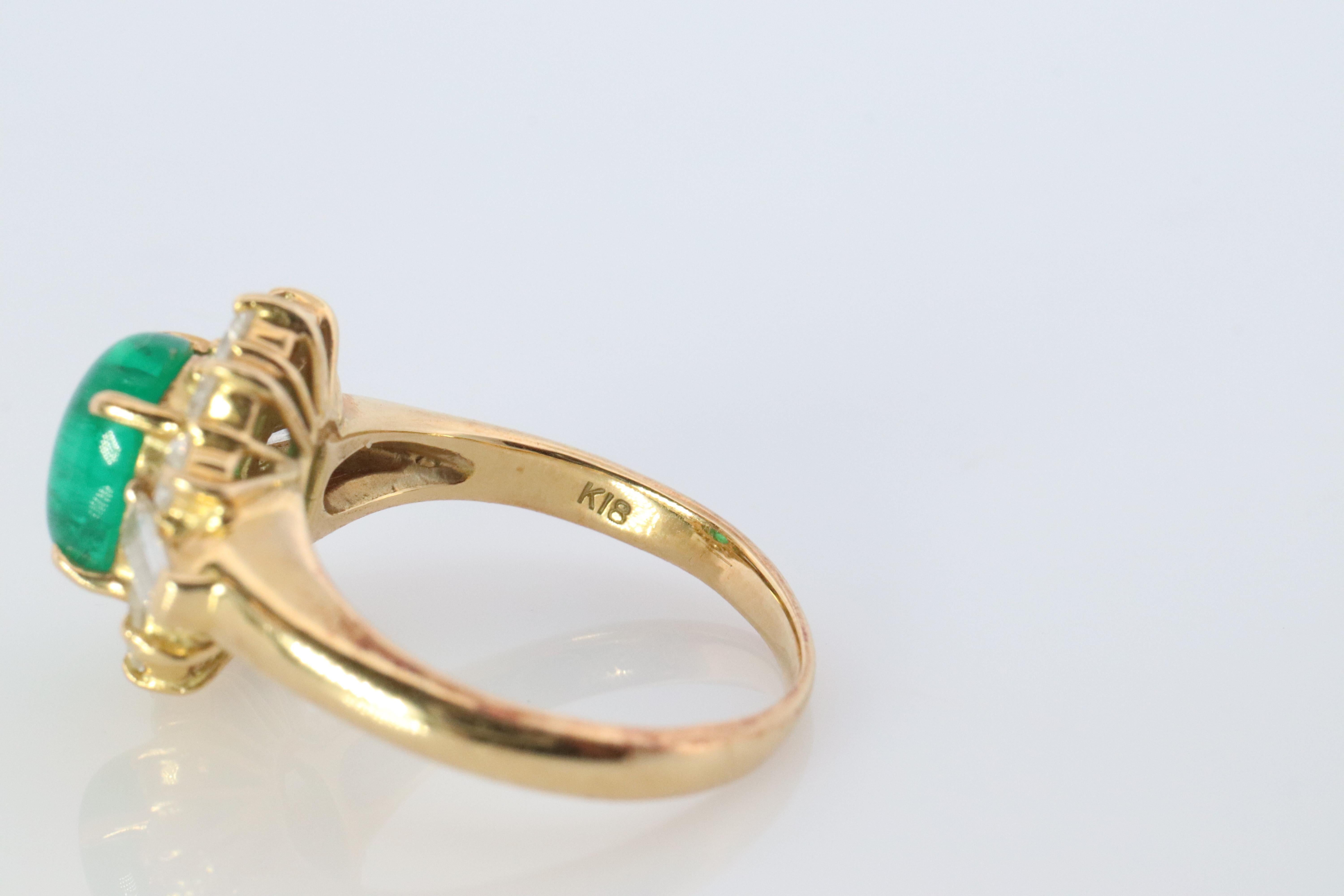 18k Emerald and Diamond Halo yellow gold ring. Natural Emerald Cabochon ring. For Sale 2