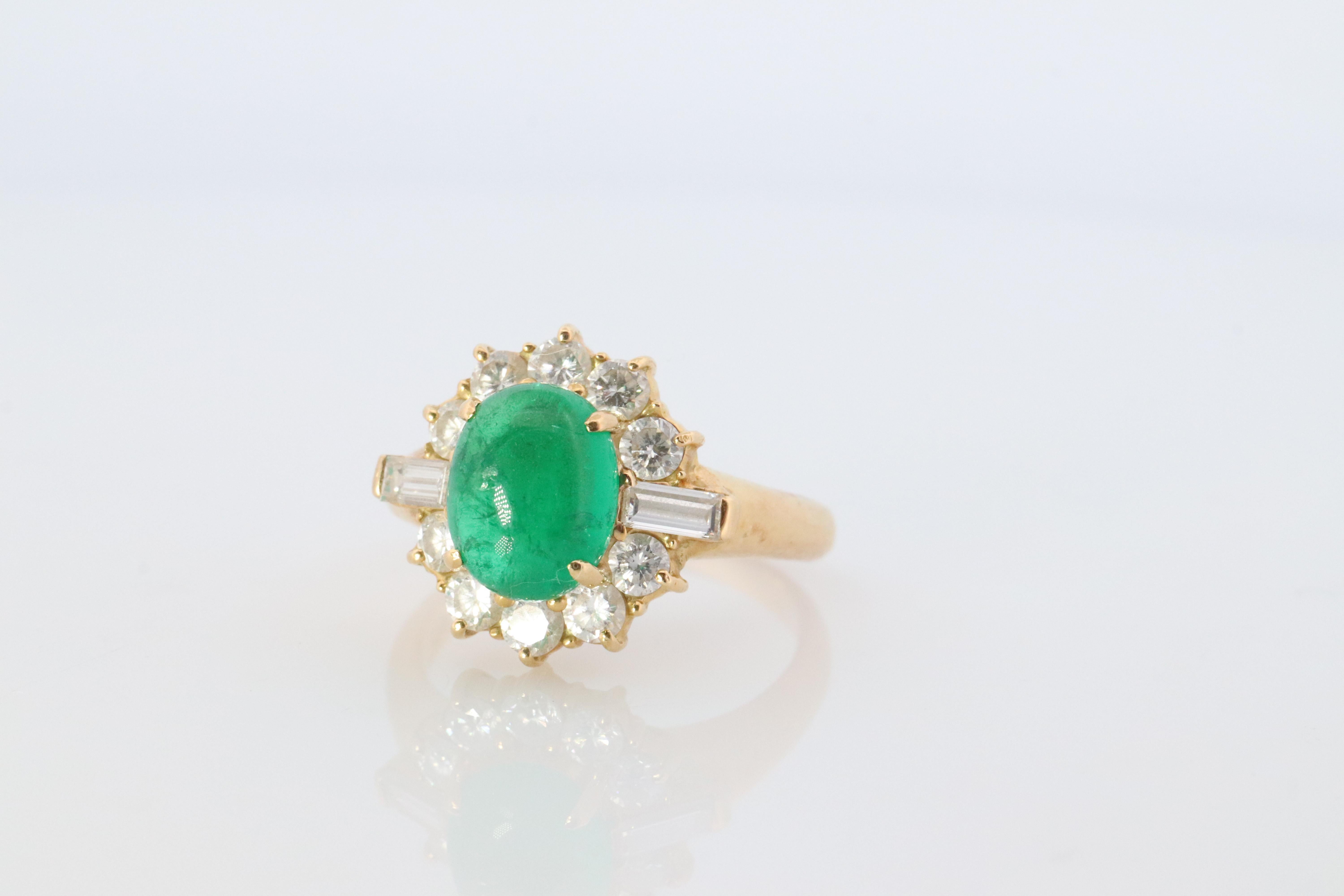 18k Emerald and Diamond Halo yellow gold ring. Natural Emerald Cabochon ring. For Sale 3